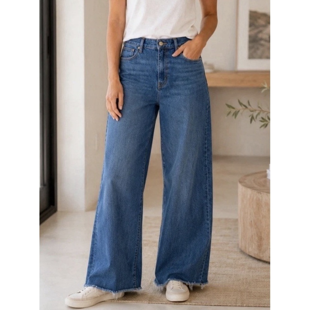 FRAME Le Slim Palazzo Wide Leg Raw Hem Blue‎ Jeans Size 30 Stretch Boho Y2K 90s